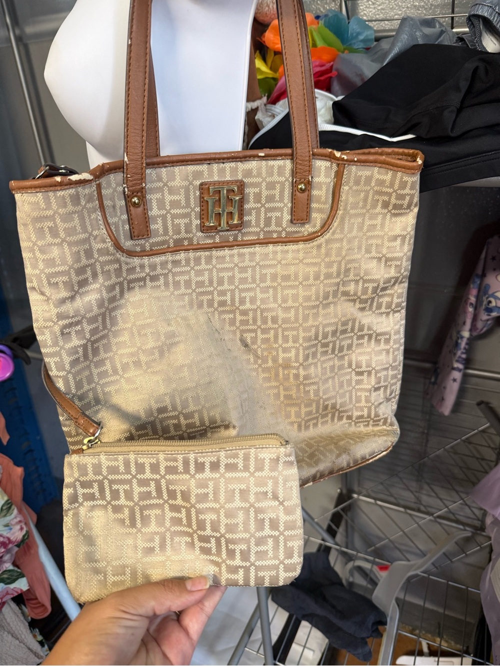 Tommy Hilfiger Beige Monogram Tote with Matching Pouch